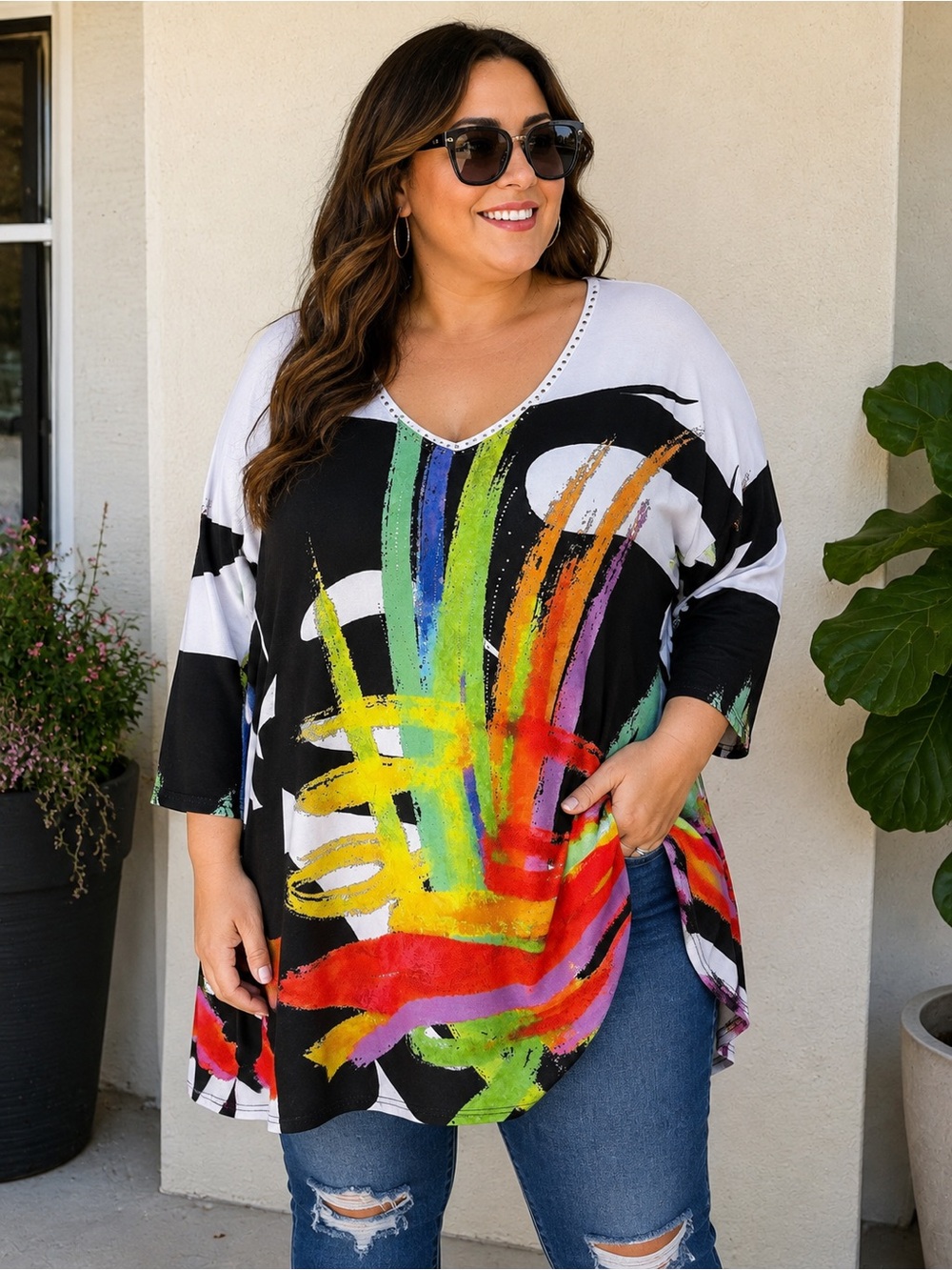 Valentina 1X Abstract Art Print Tunic Top Rhinestone V-Neck Colorful Plus Size